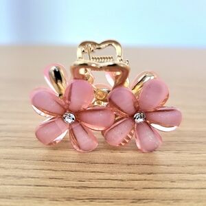 Pink Floral Hair Claw Clip With Rhinestone Center, Gold Tone Flower Hair Clip